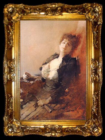 framed  Franciszek zmurko Portrait of a woman with a fan and a cigarette, ta009-2